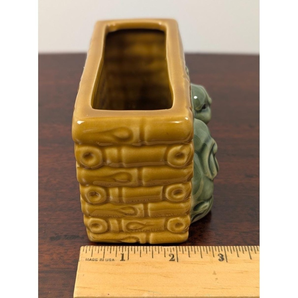 Vintage Ceramic Elephant Bamboo Planter Cachepot Rectangular Green Brown Mid Cen - Picture 7 of 8